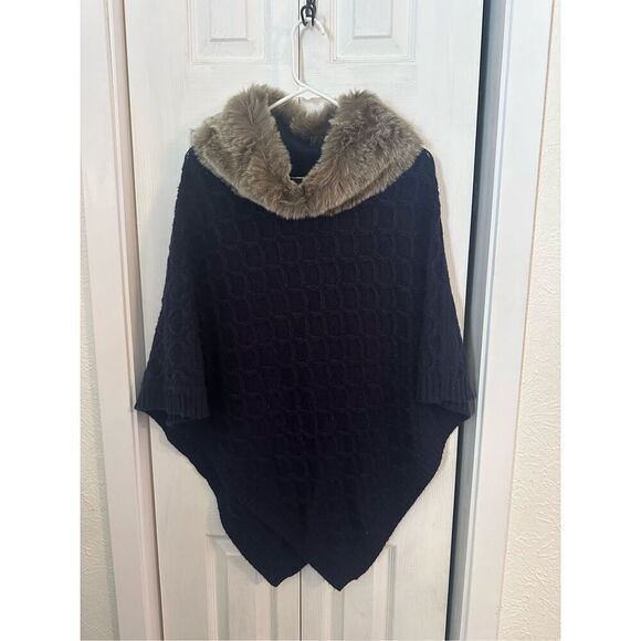Talbots Women's Knit Faux Fur Collar Poncho Cape Sweater Indigo Blue Size M/L - Picture 9 of 9